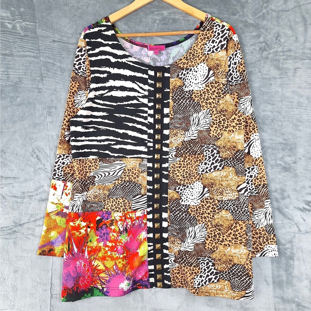Womens Top XL Artsy Lagenlook Unique Animal Floral Patchwork Studded Tunic Indie